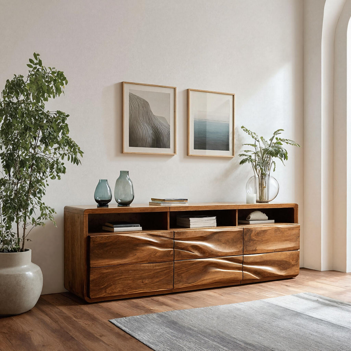 Organic Wave Carved Wood Sideboard For Living Room