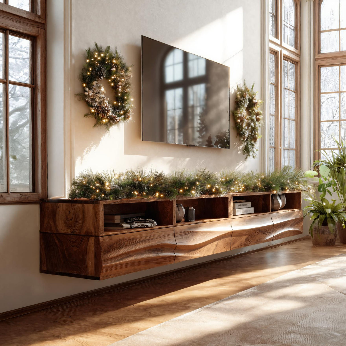 Floating Wave-Pattern TV Console For Holiday Decor