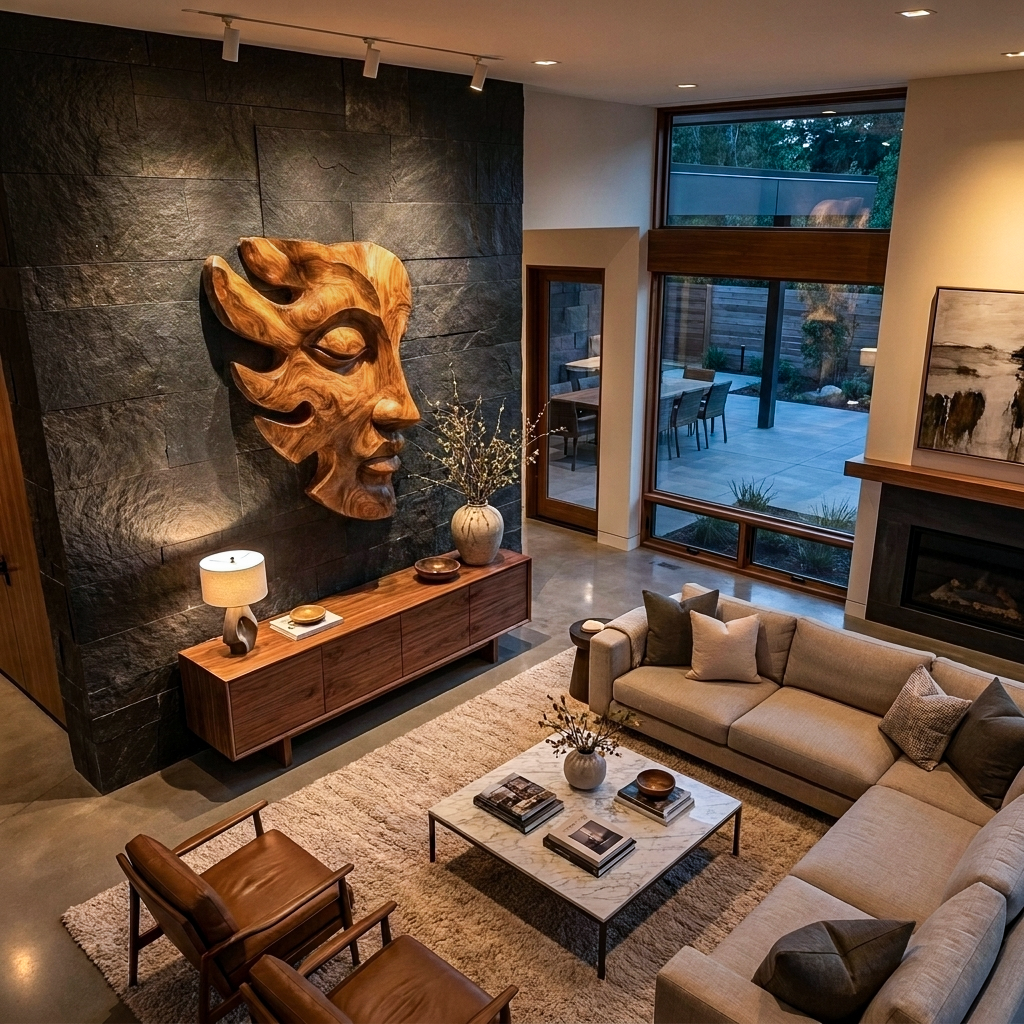 Handcrafted Wooden Face Wall Art With Sculptural Form For Interior
