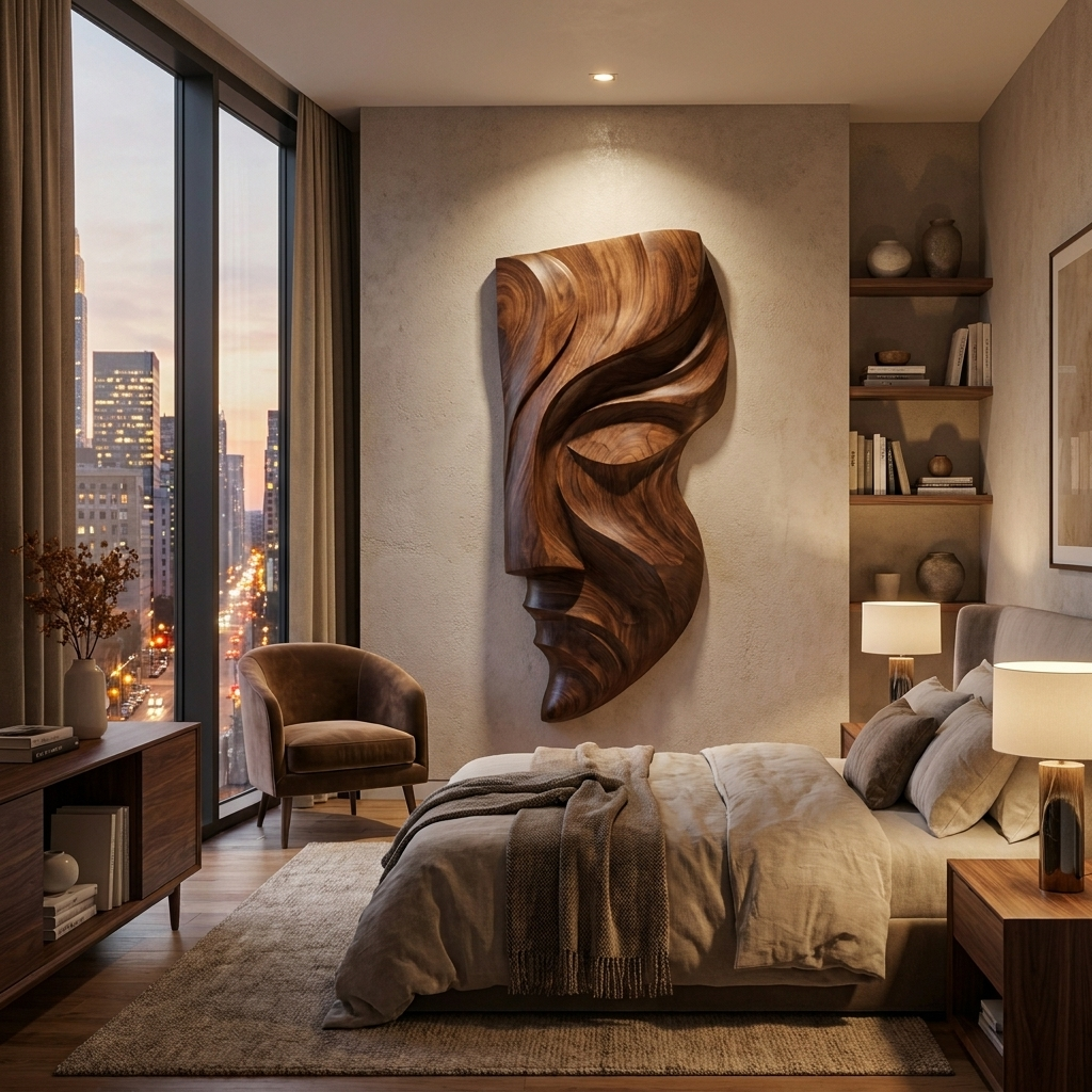 Contemporary Abstract Face Wooden Wall Art Hand Carved For Home