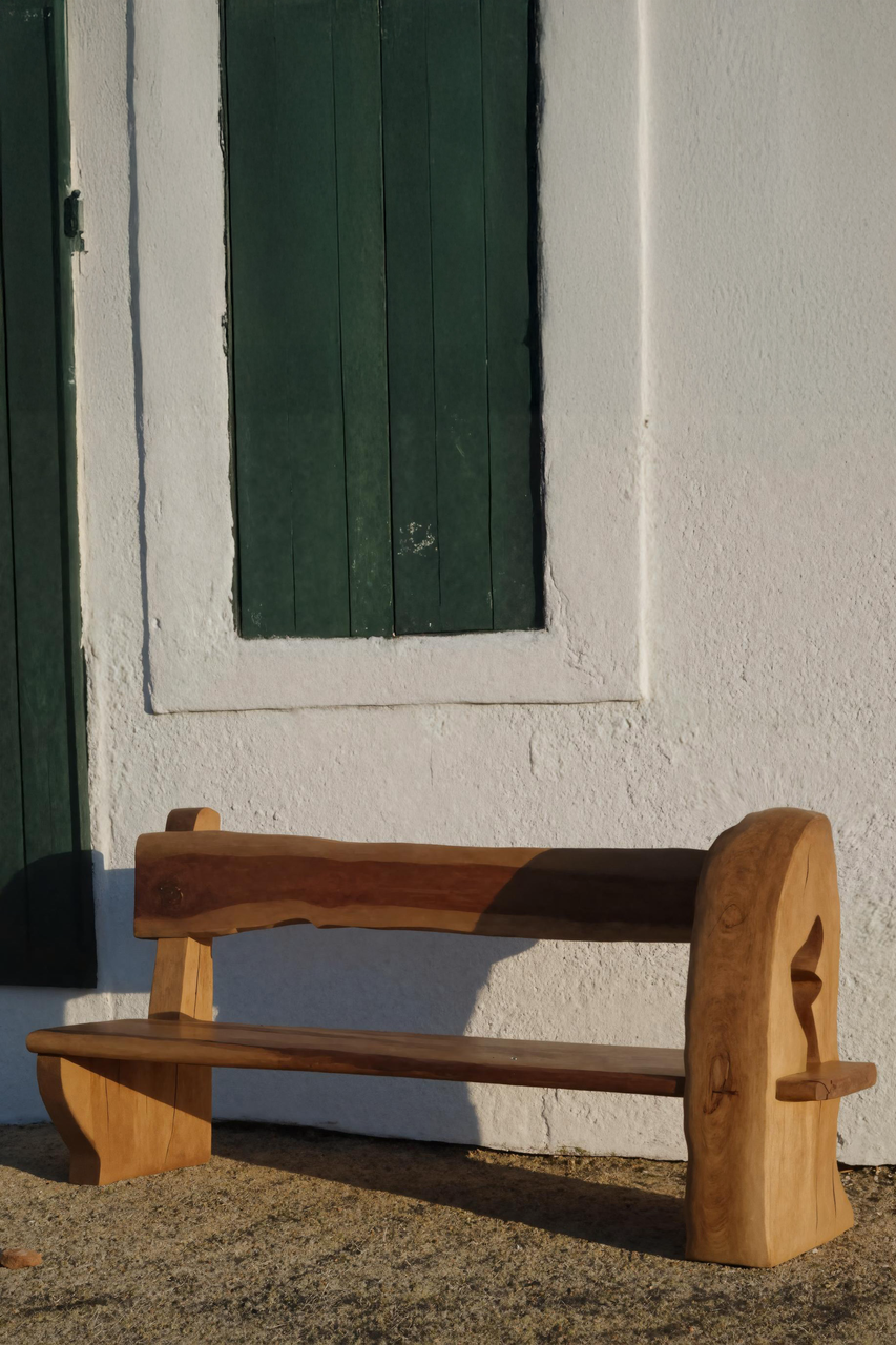 Rustic Organic Bench With Sculptural Armrest For Garden Or Entryway