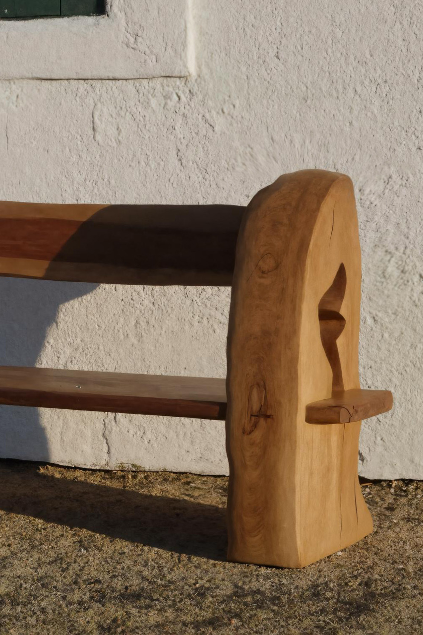 Rustic Organic Bench With Sculptural Armrest For Garden Or Entryway