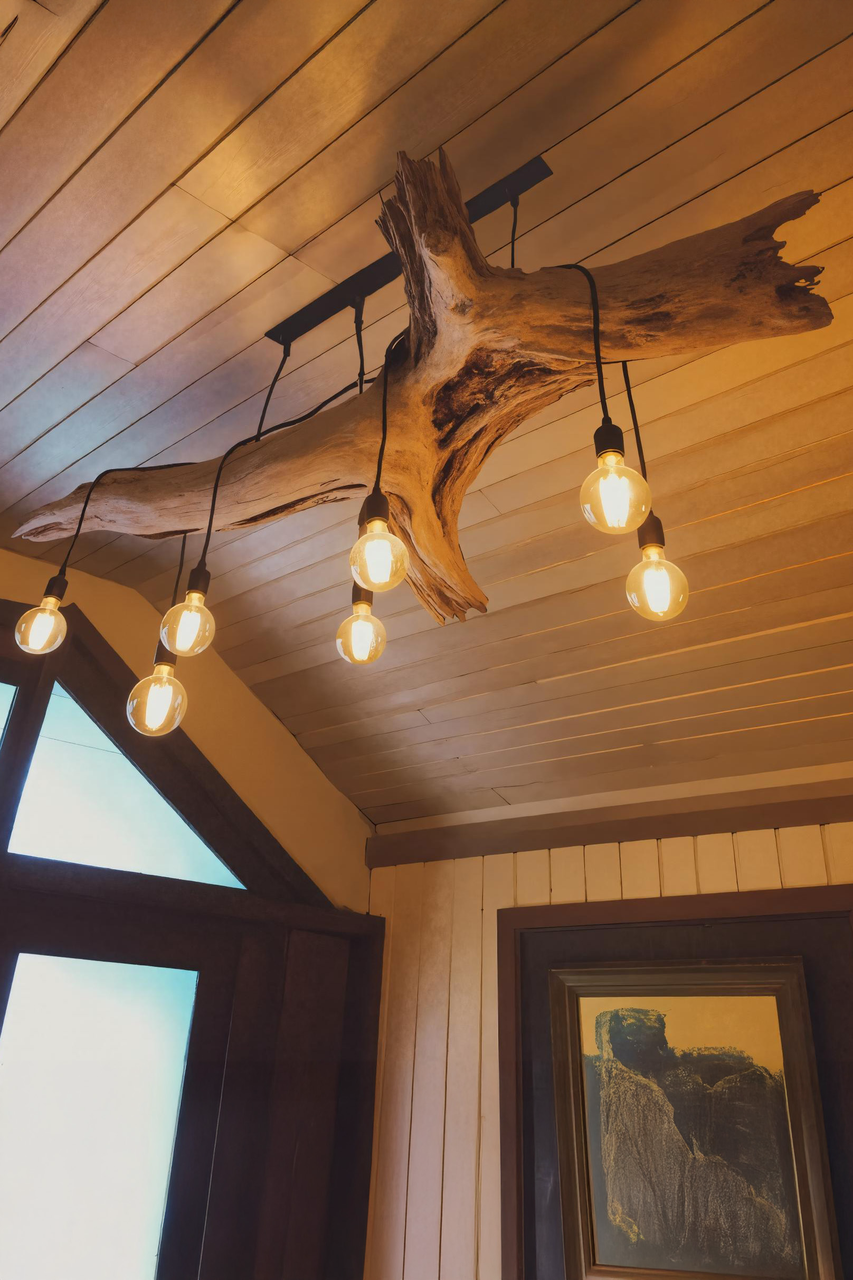 Rustic Log Chandelier With Edison Bulbs For Cabin Or Dining Room