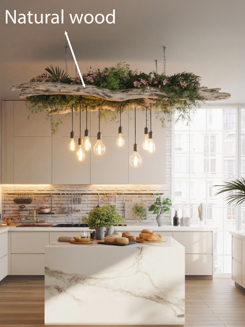 Rustic Driftwood Ceiling Light With Hanging Bulbs For Dining Room