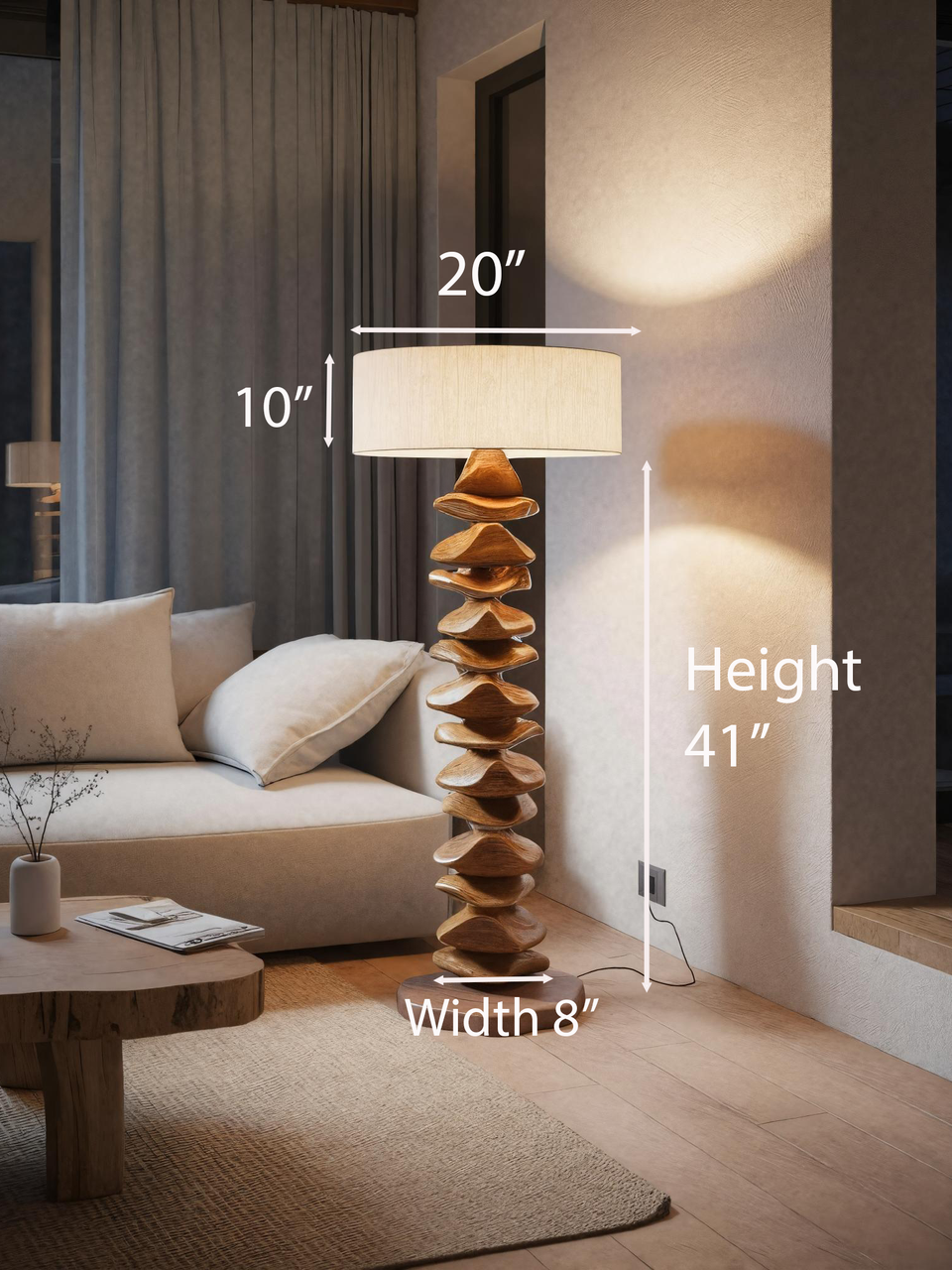 Handmade Sculptural Floor Lamp With Carved Base For Living Room