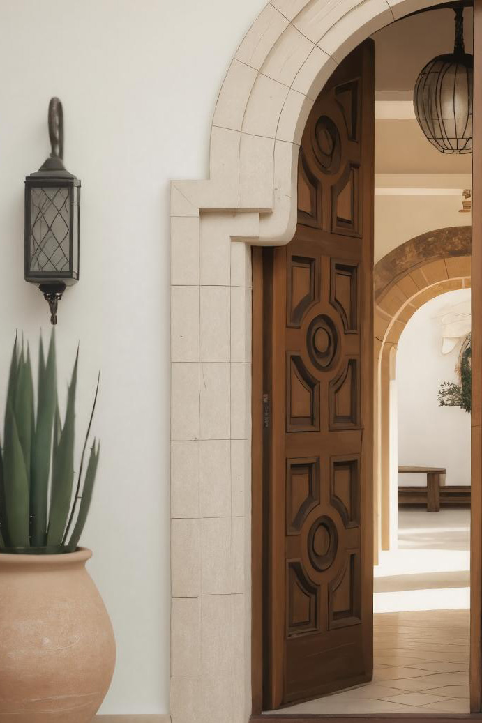 Mediterranean Double Entry Door With Geometric Panels For Spanish Home