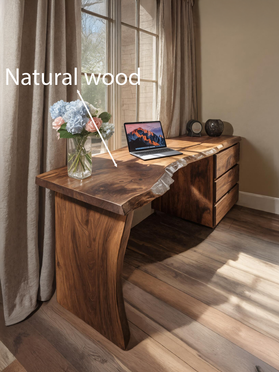Modern Live Edge Desk With Storage Drawers For Study Room