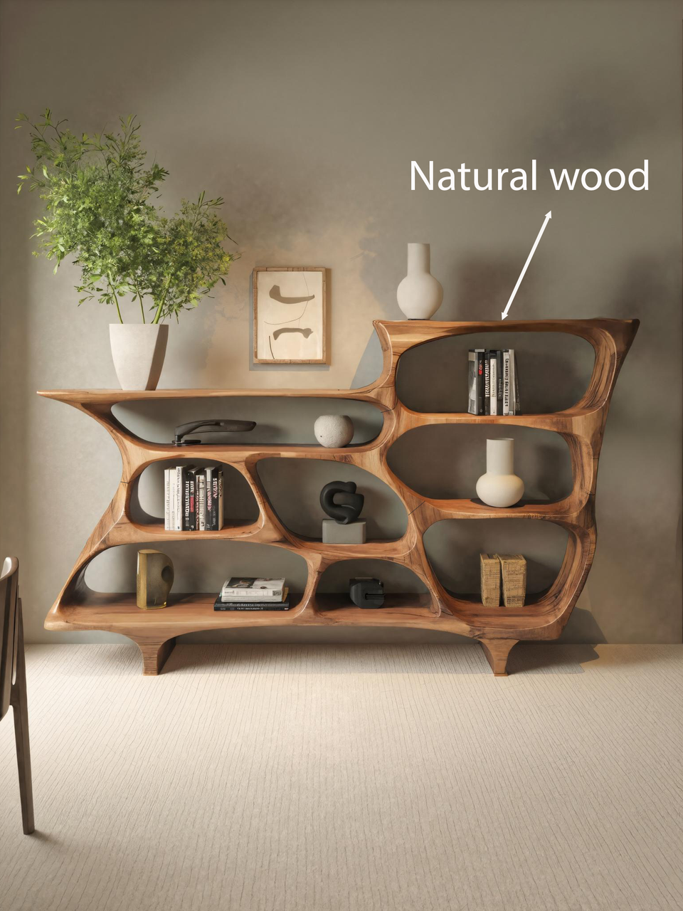 Contemporary Organic Bookshelf With Open Shelves For Living Room Or Office