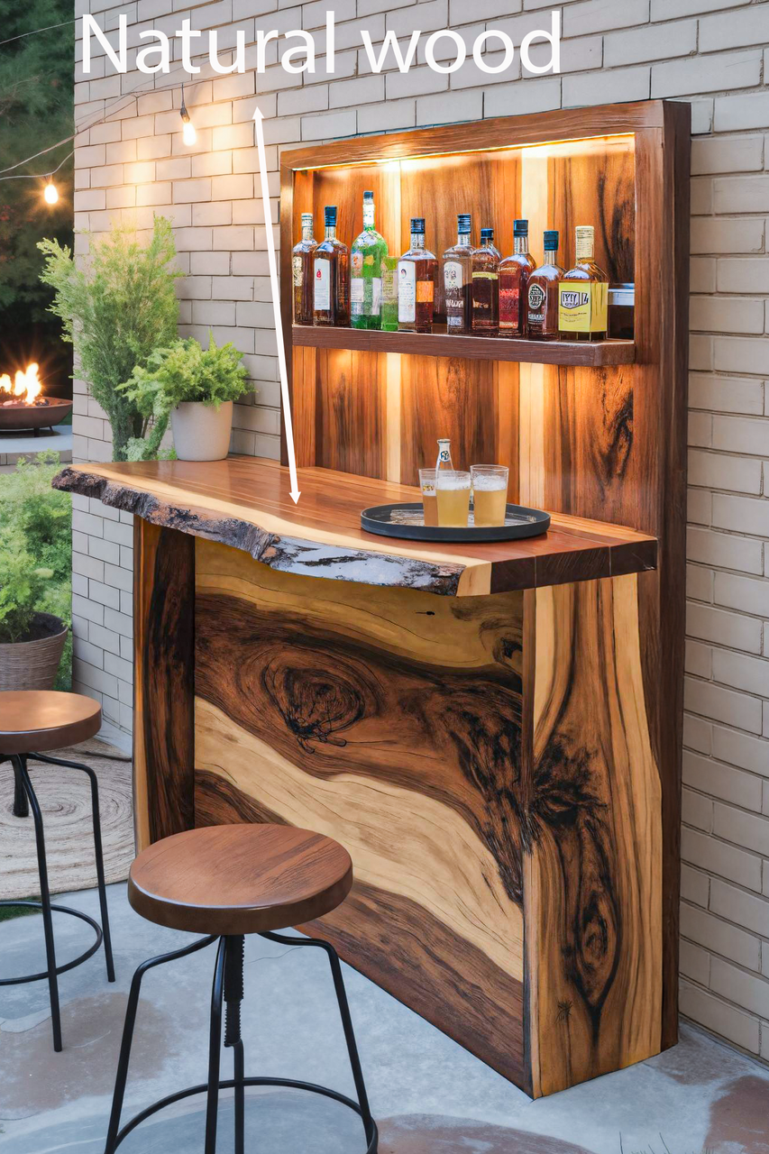 Rustic Live Edge Outdoor Bar Counter With Shelves For Patio