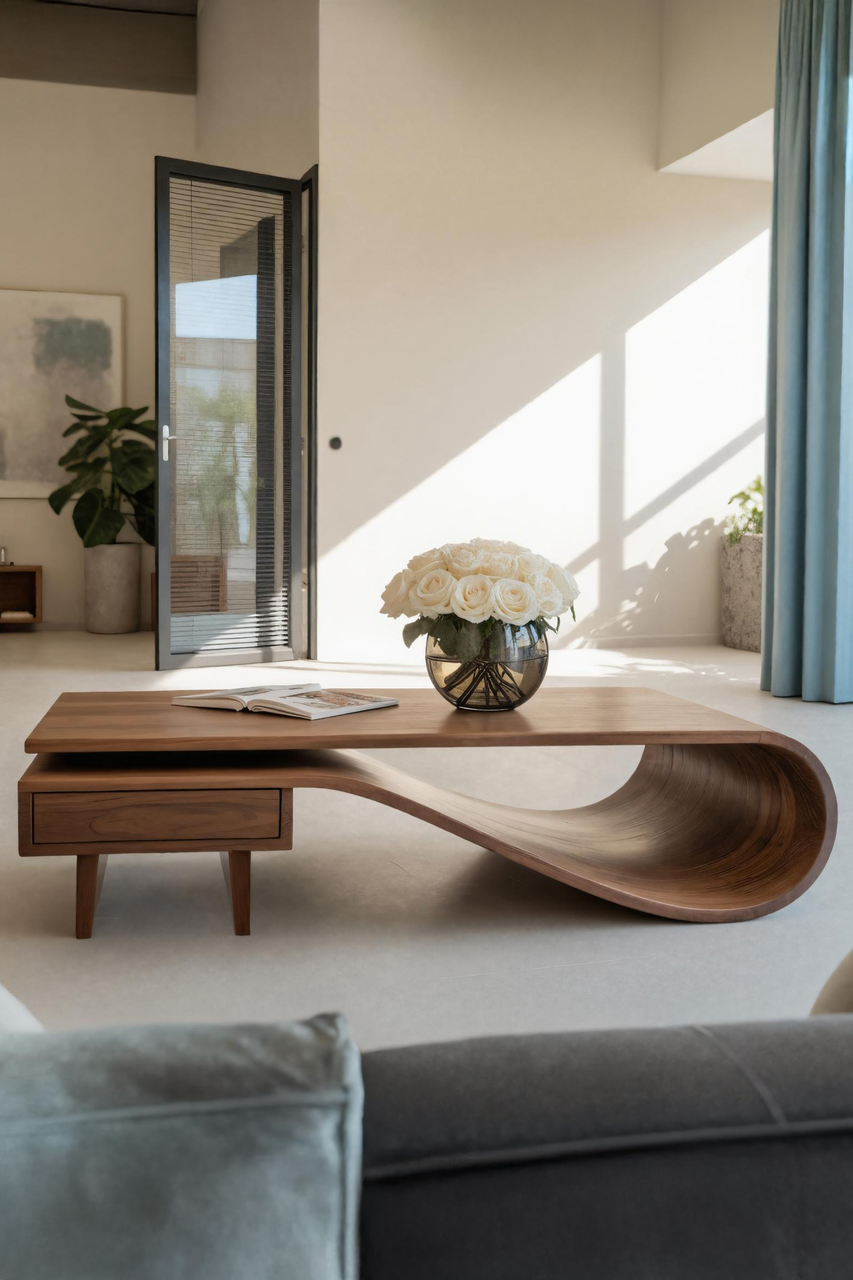 Modern Curved Coffee Table With Drawers For Living Room