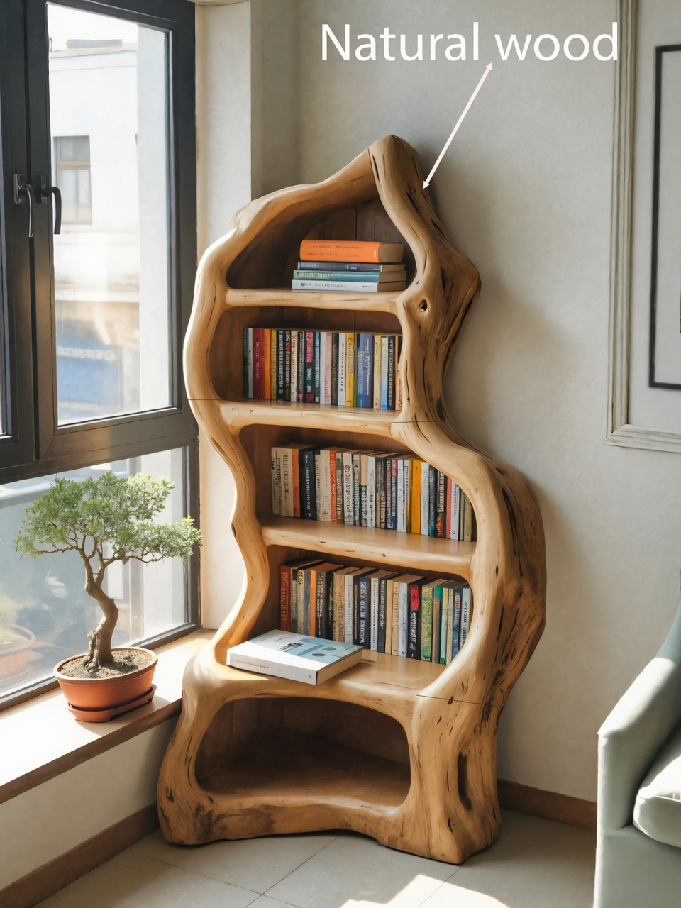 Organic Live Edge Bookshelf For Rustic Living Room Or Office