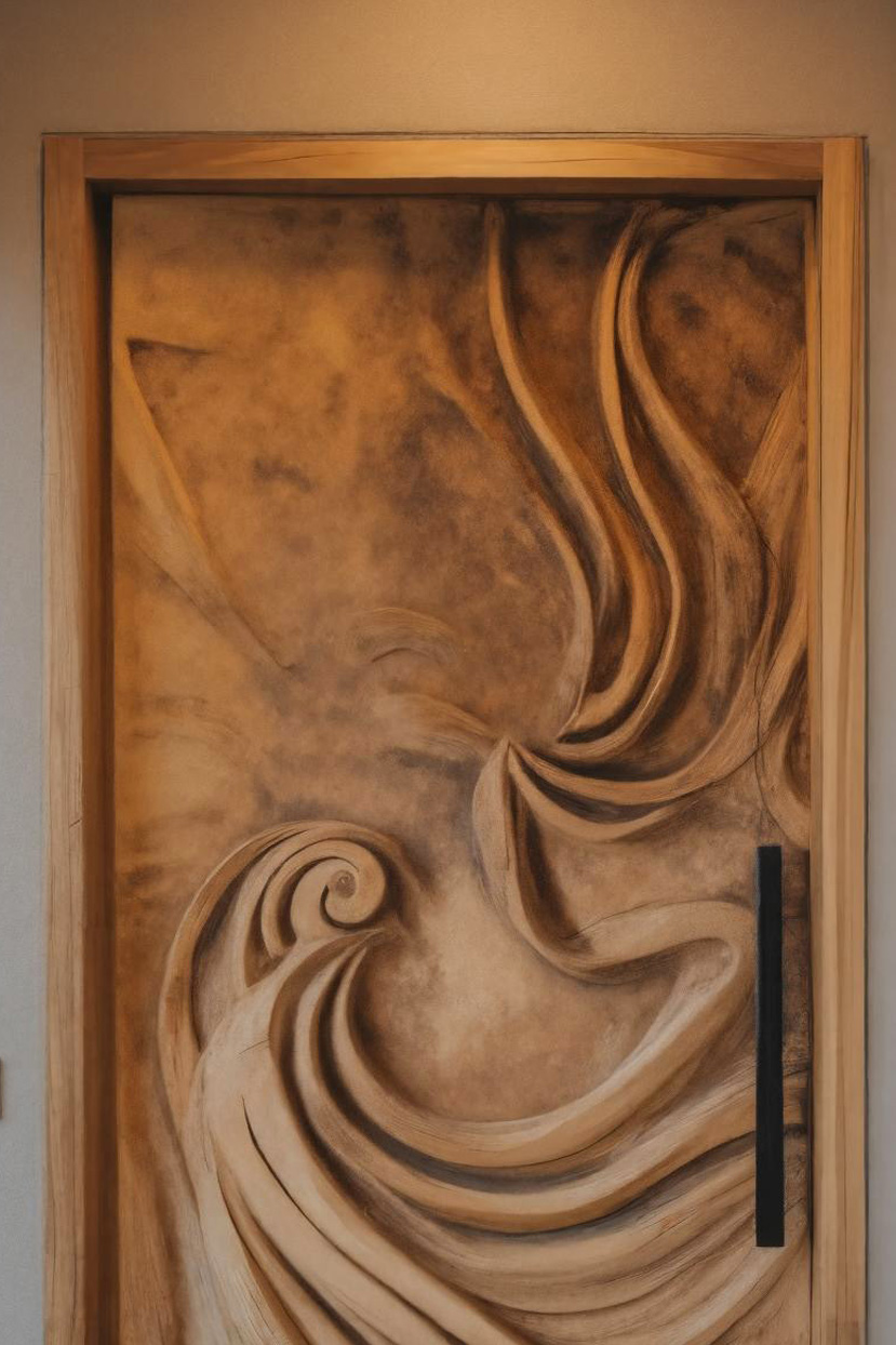 Artistic Carved Door With Flowing Wave For Entryway Or Interior