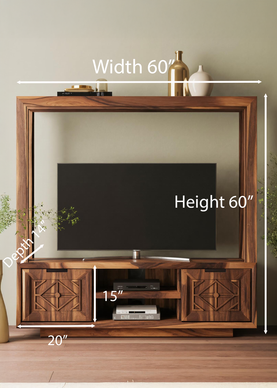Geometric Carved TV Frame With Storage For Living Room