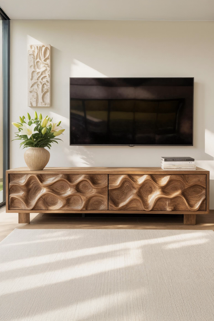 Hand Carved TV Stand With Wave Design For Living Room