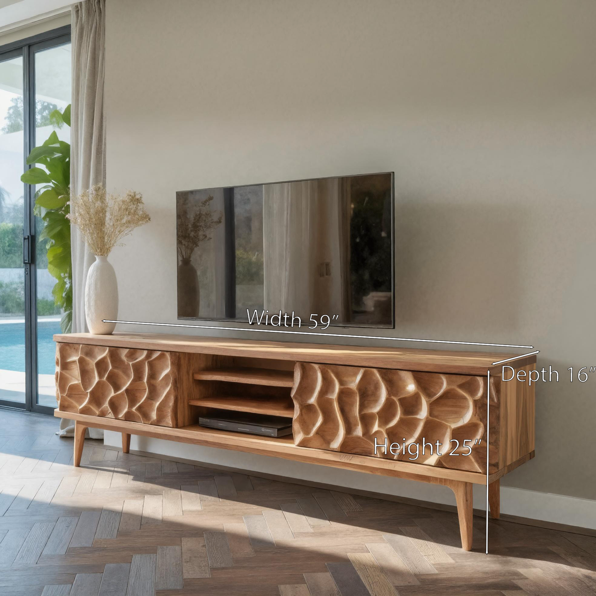 Handmade TV Stand With Carved Doors For Living Room