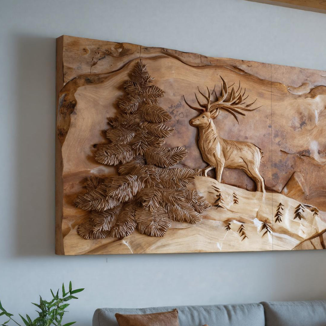 Rustic Wall Art With Carved Deer For Living Room