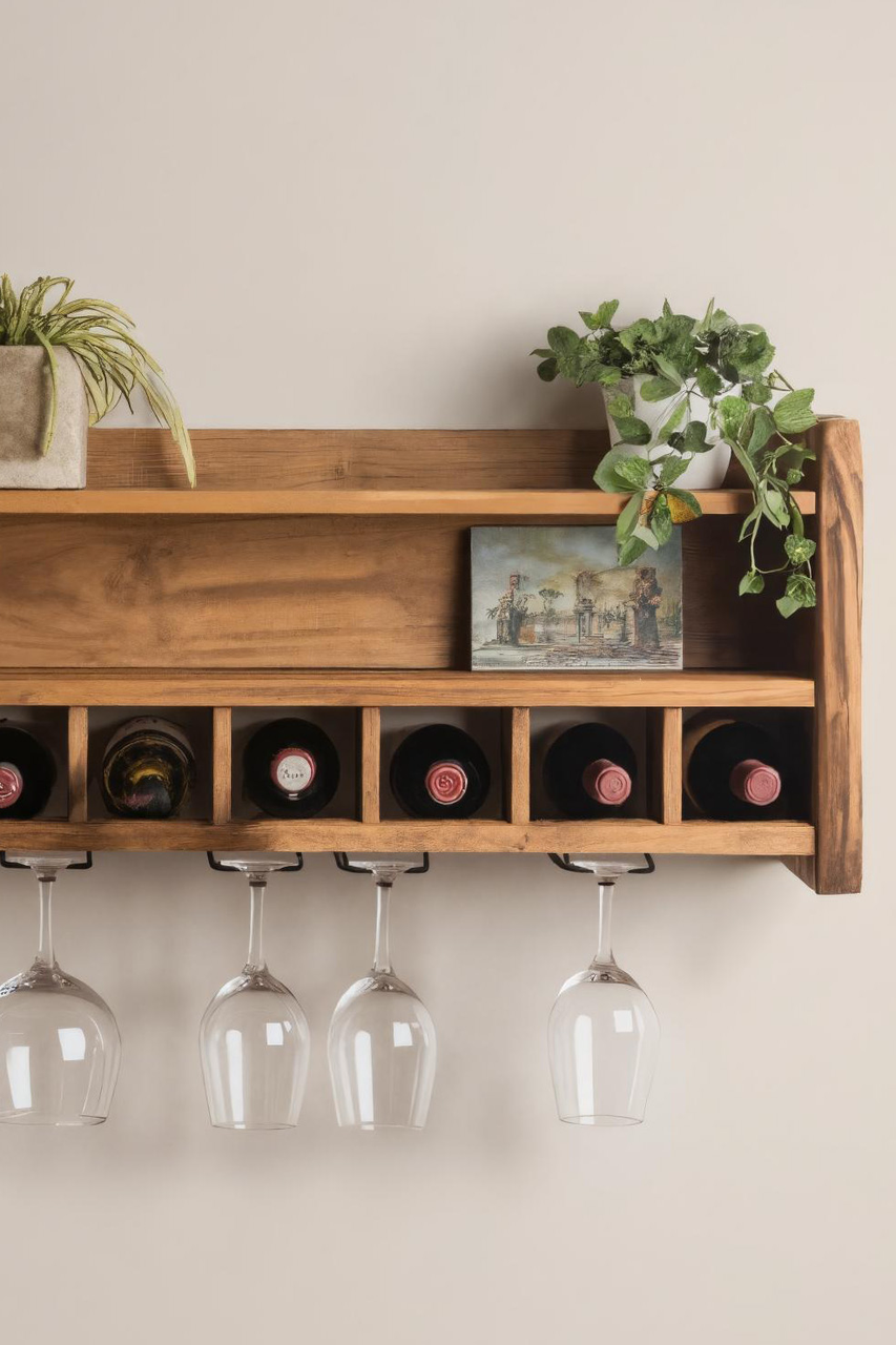 Rustic Floating Wine Rack With Glass Holder For Kitchen Or Dining Room