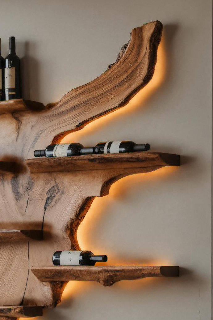 Rustic Live Edge Wine Rack Shelf With LED For Bar