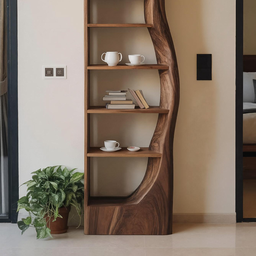 Organic Wooden Standing Shelf With Curved Side For Living Display
