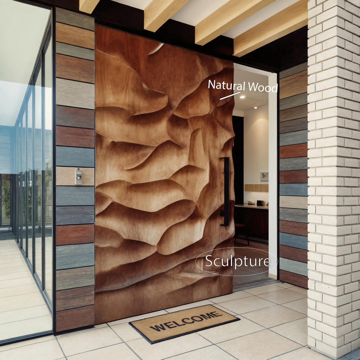 Modern Sculptural Carved Door With 3D Wave For Entryway Or Foyer