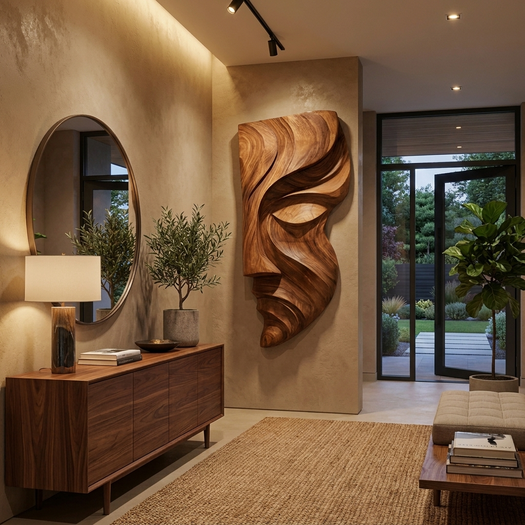 Contemporary Abstract Face Wooden Wall Art Hand Carved For Home