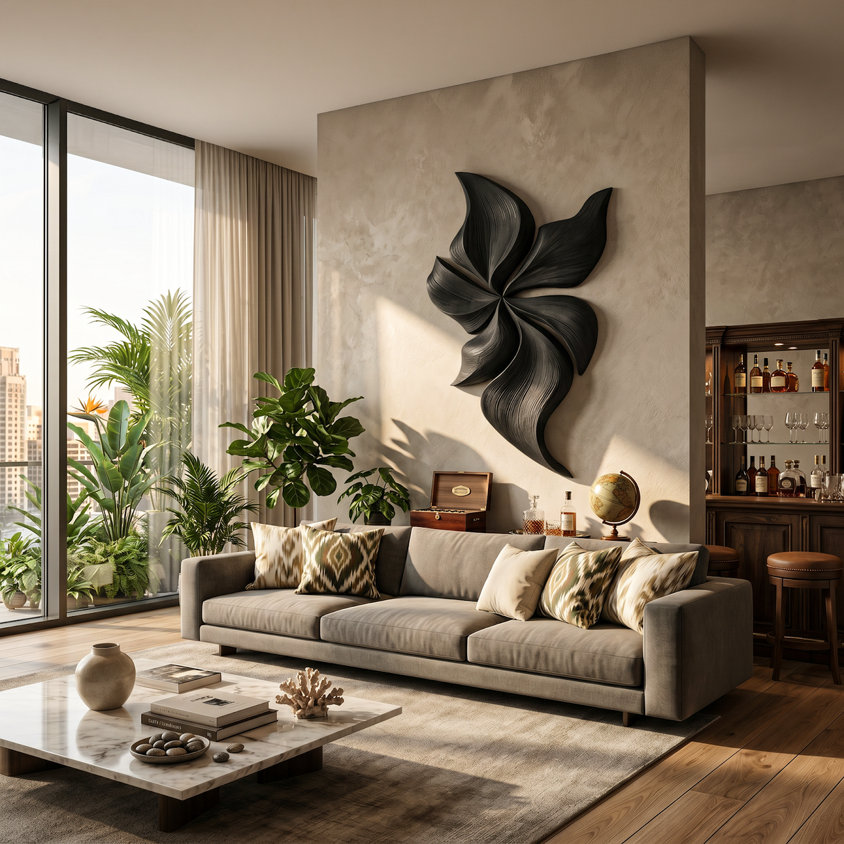 Modern Wooden Wall Art With Floral Inspired Sculpture For Living Room