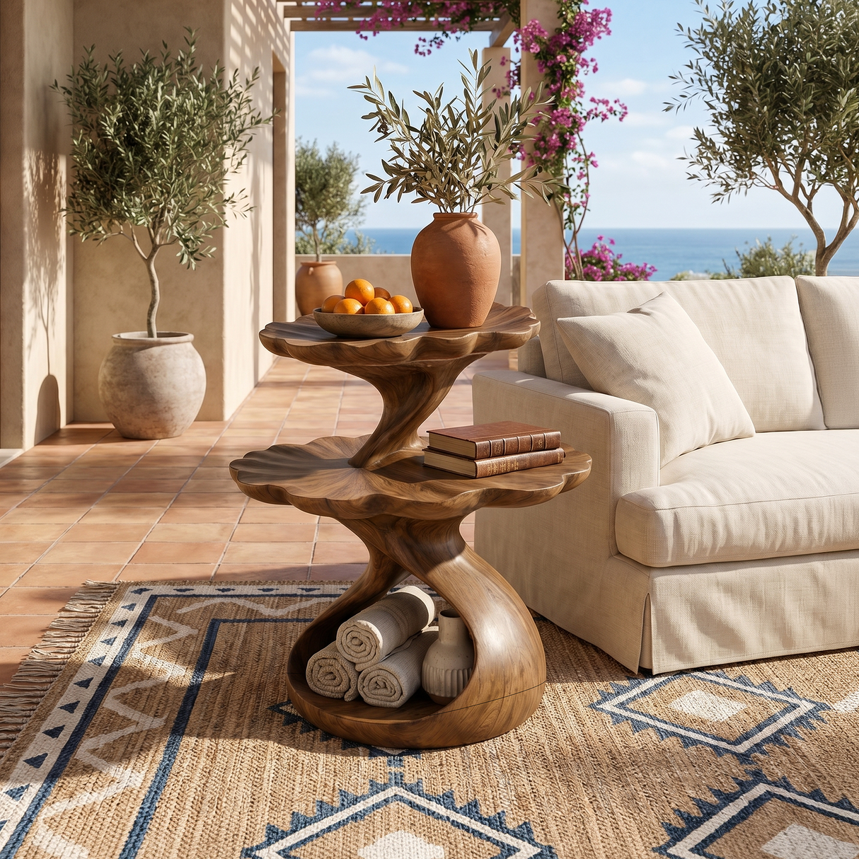 Mediterranean Two Tier Side Table Courtyard Living Room