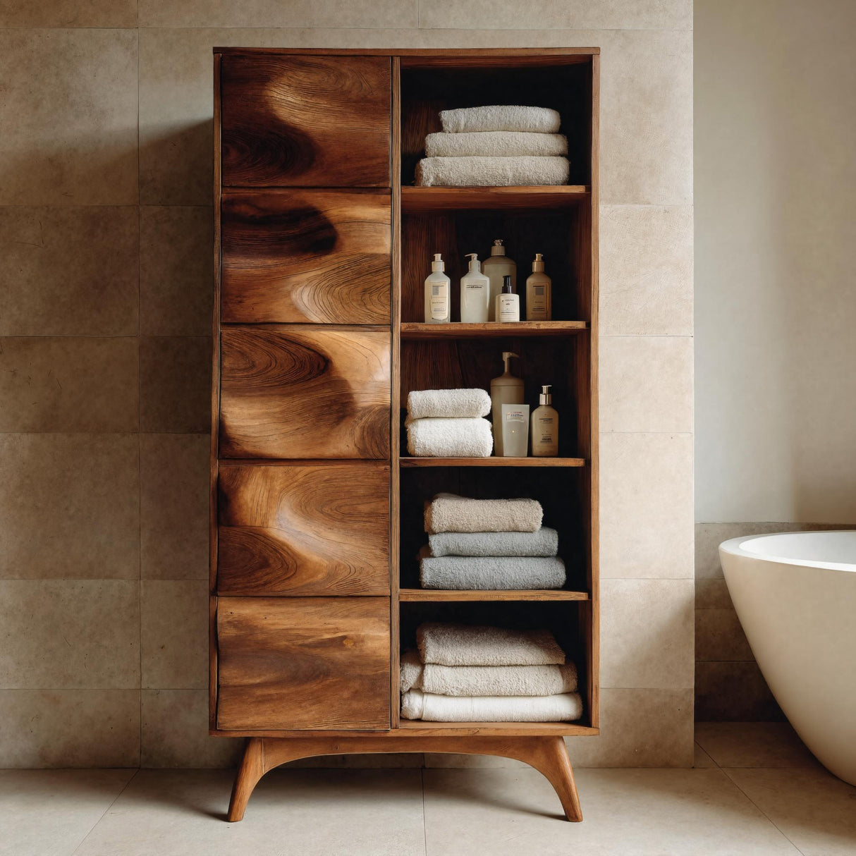 Sculpted Wood Bathroom Cabinet With Wavy Doors For Spa Decor