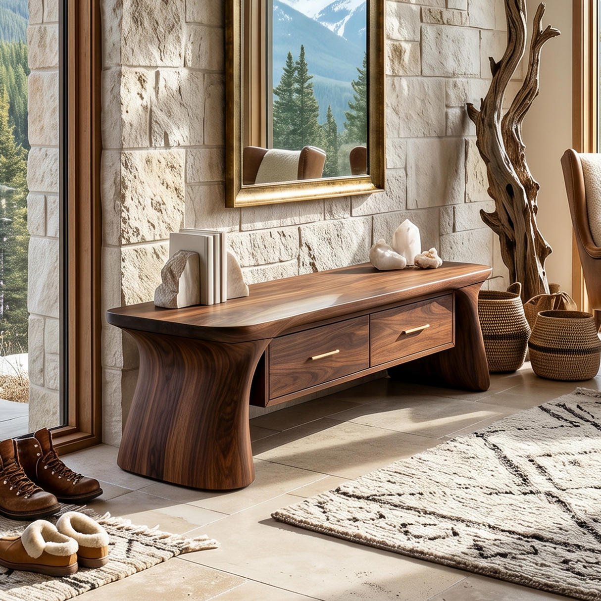 Minimalist Arched Base Bench For Foyer Interior Space