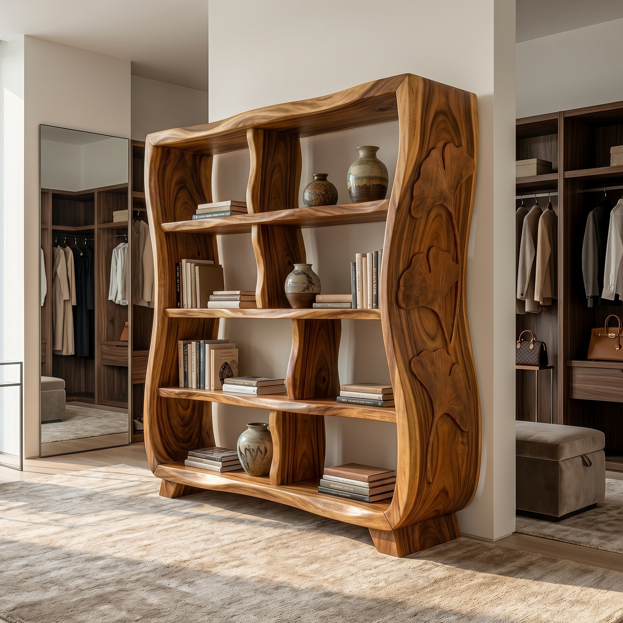 Handcrafted Wooden Bookshelf With Ginkgo Leaf Accents
