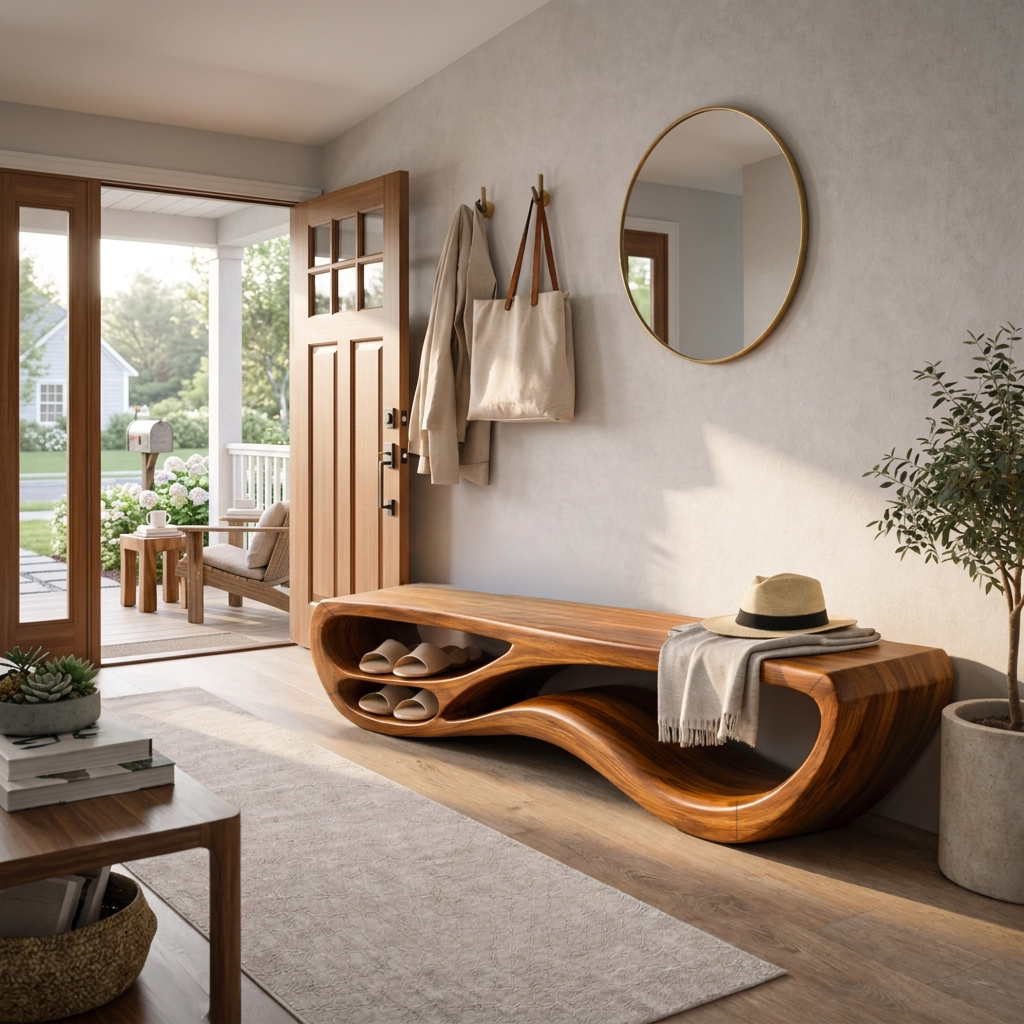 Sculptural Natural Wood Bench With Integrated Shelving For Hallway