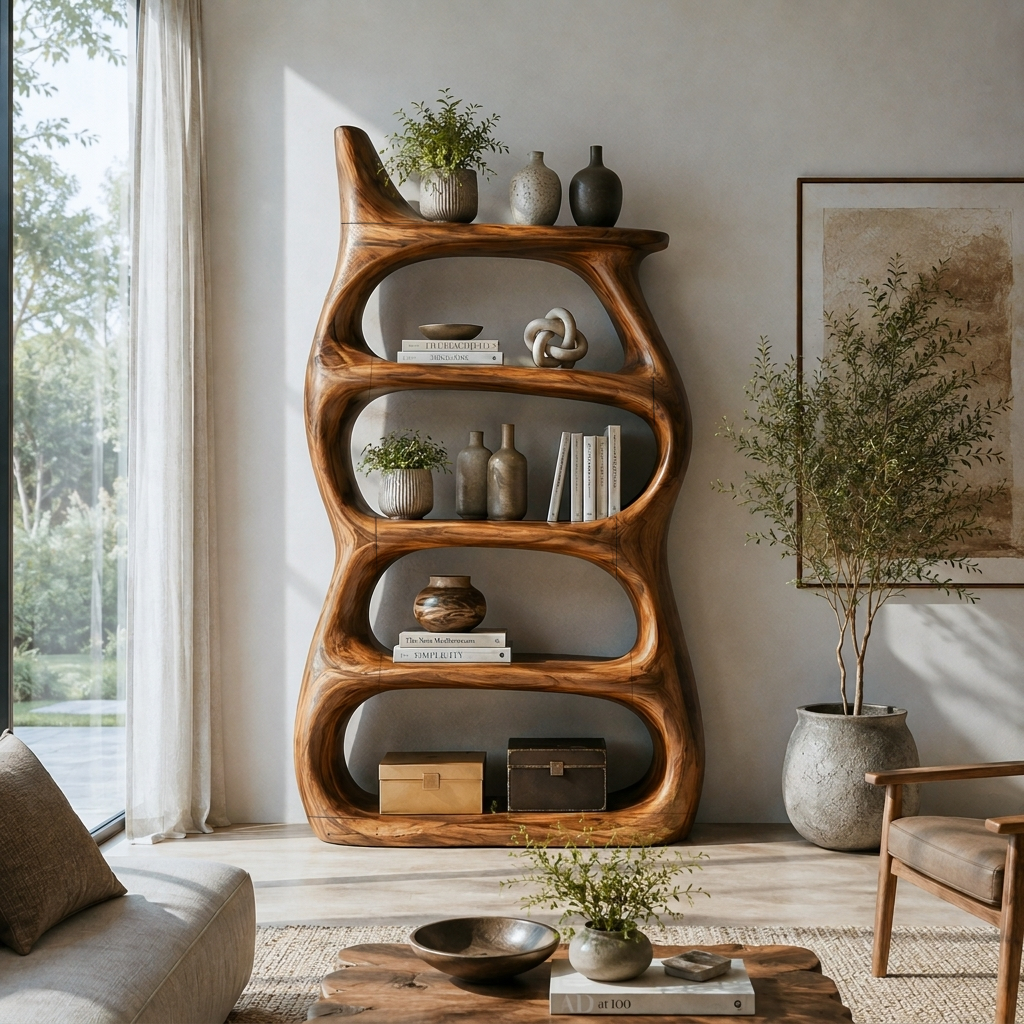 Modern Bookcase With Rounded Shelves For Reading Nook