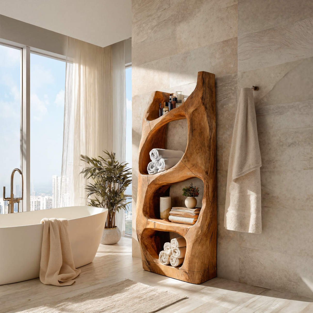 Handcrafted Sculptural Bathroom Shelf For Towels Or Spa Storage