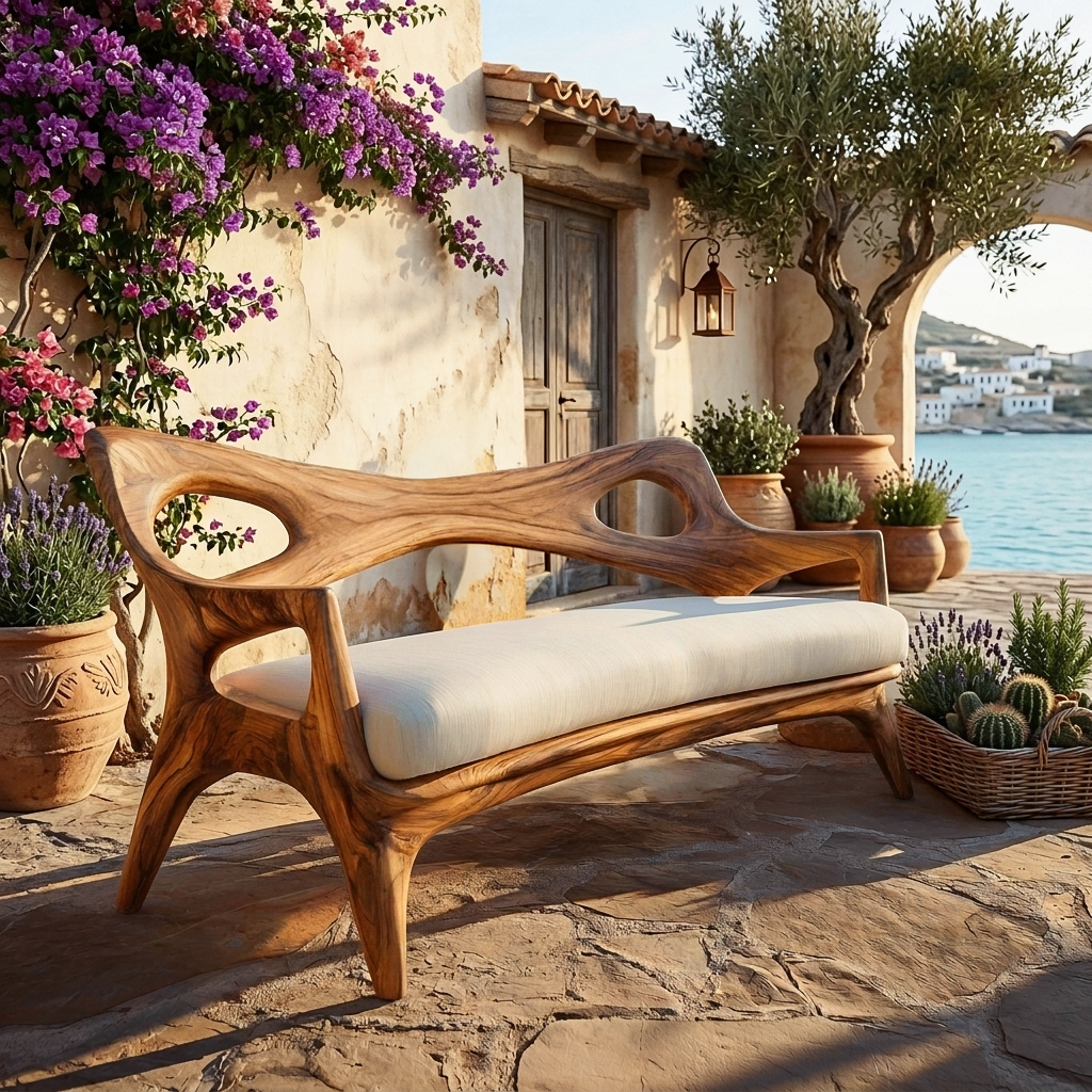 Wooden Sofa With Curved Sculptural Backrest For Living Room