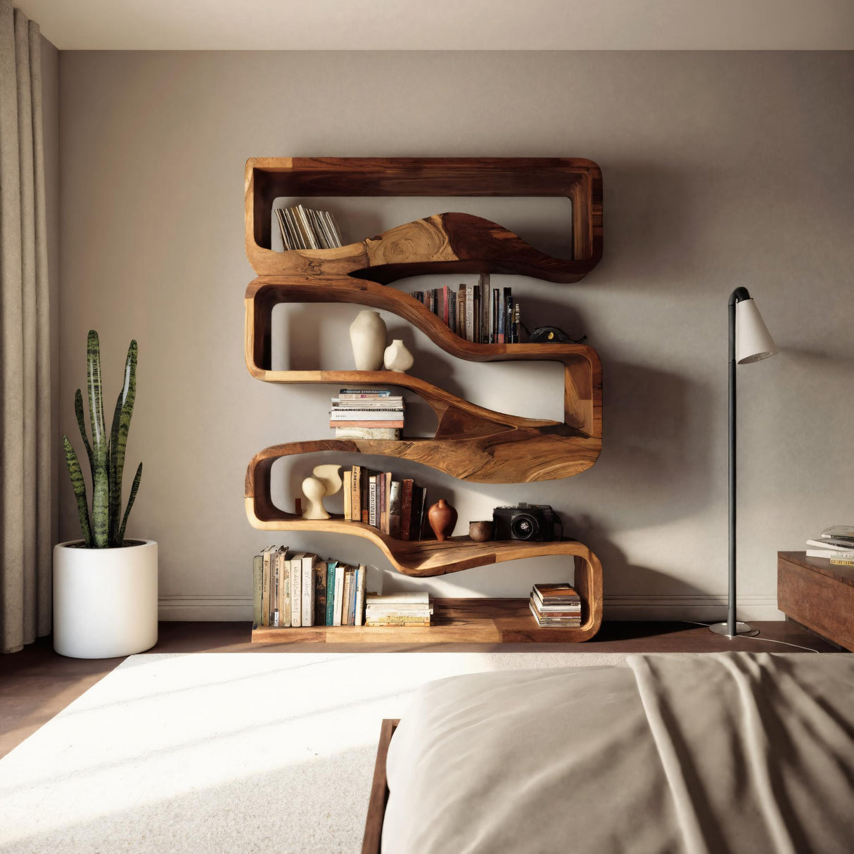 Modern Curved Bookshelf With Flowing Design For Bedroom