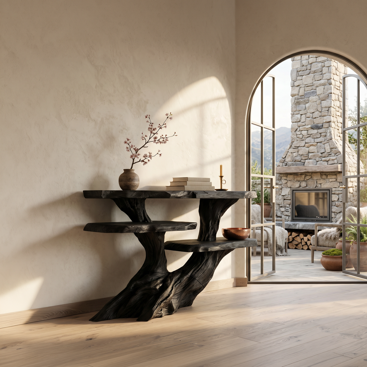 Mediterranean Burnt Wood Hallway Table For Villa Interior