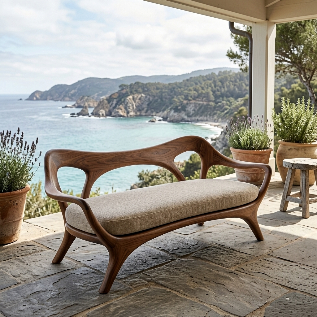 Statement Wooden Sofa With Curved Backrest For Living Decor
