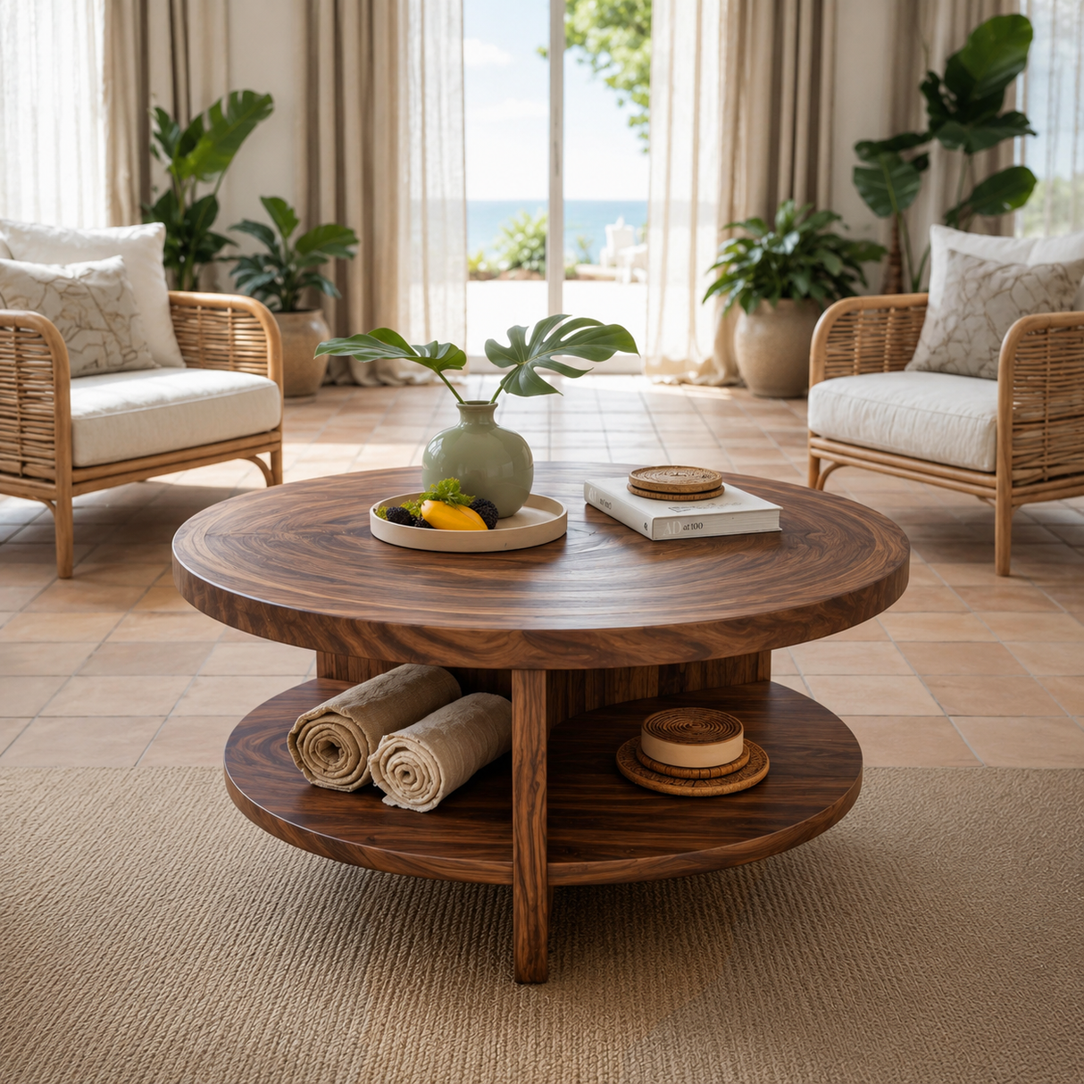 Tropical Round Coffee Table With Shelf For Coastal Living Room And Lounge