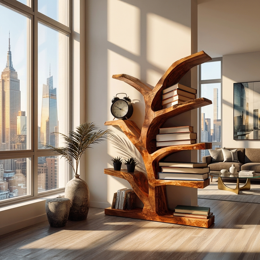 Wooden Bookshelf With Organic Form For Living Area