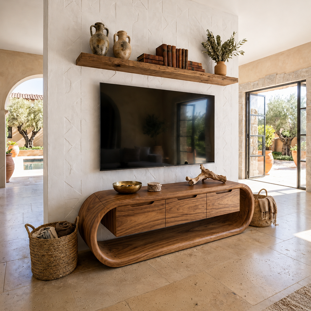 Coastal Greek Island TV Stand For Santorini Style Living Room