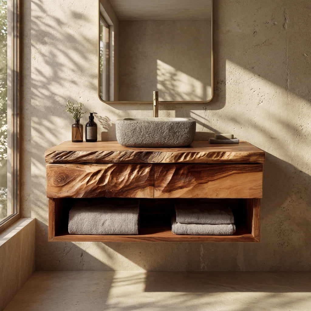 Modern Organic Floating Wooden Bathroom Vanity For Bathroom