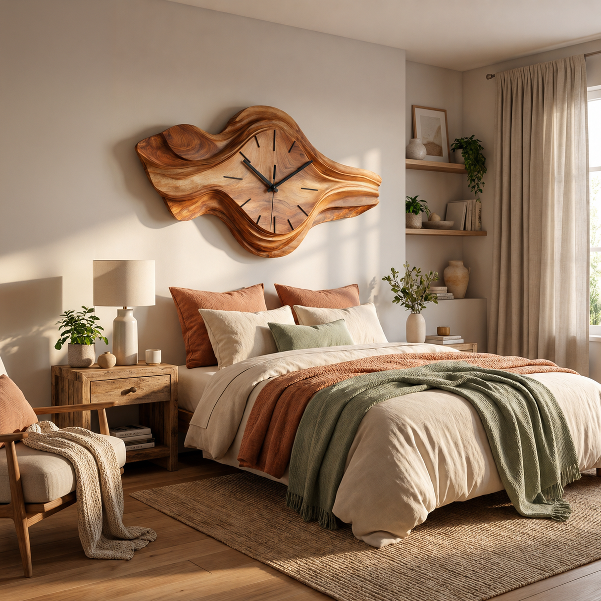 Organic Wooden Wall Clock Wave Design For Bedroom Wall Decor