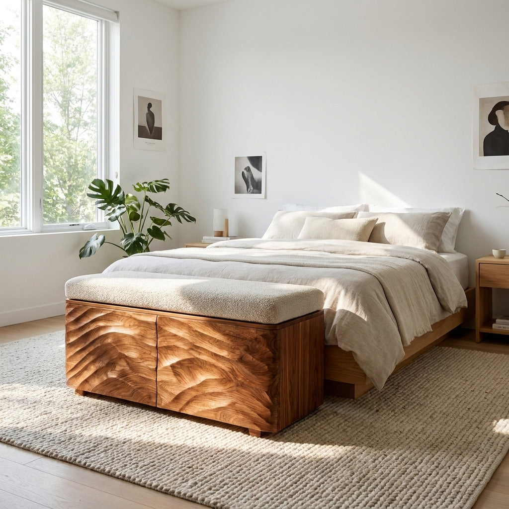 Minimal Wooden Storage Bench For Bedroom Foot Area