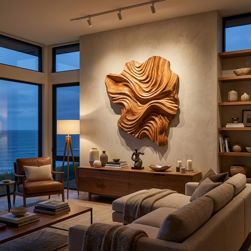 Organic Wood Wall Art Wave Design For Luxury Living Room