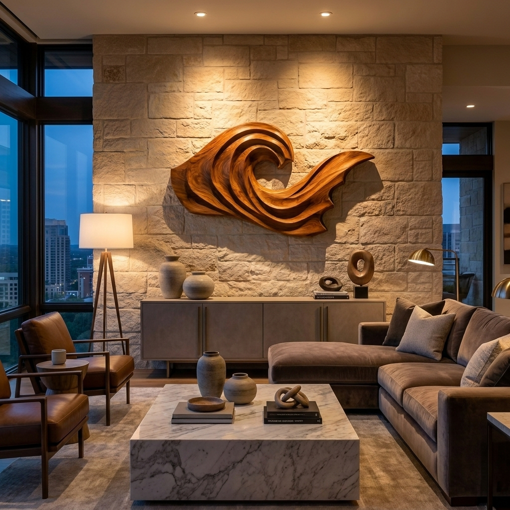 Artistic Wave Inspired Wood Wall Art For Apartment Interior