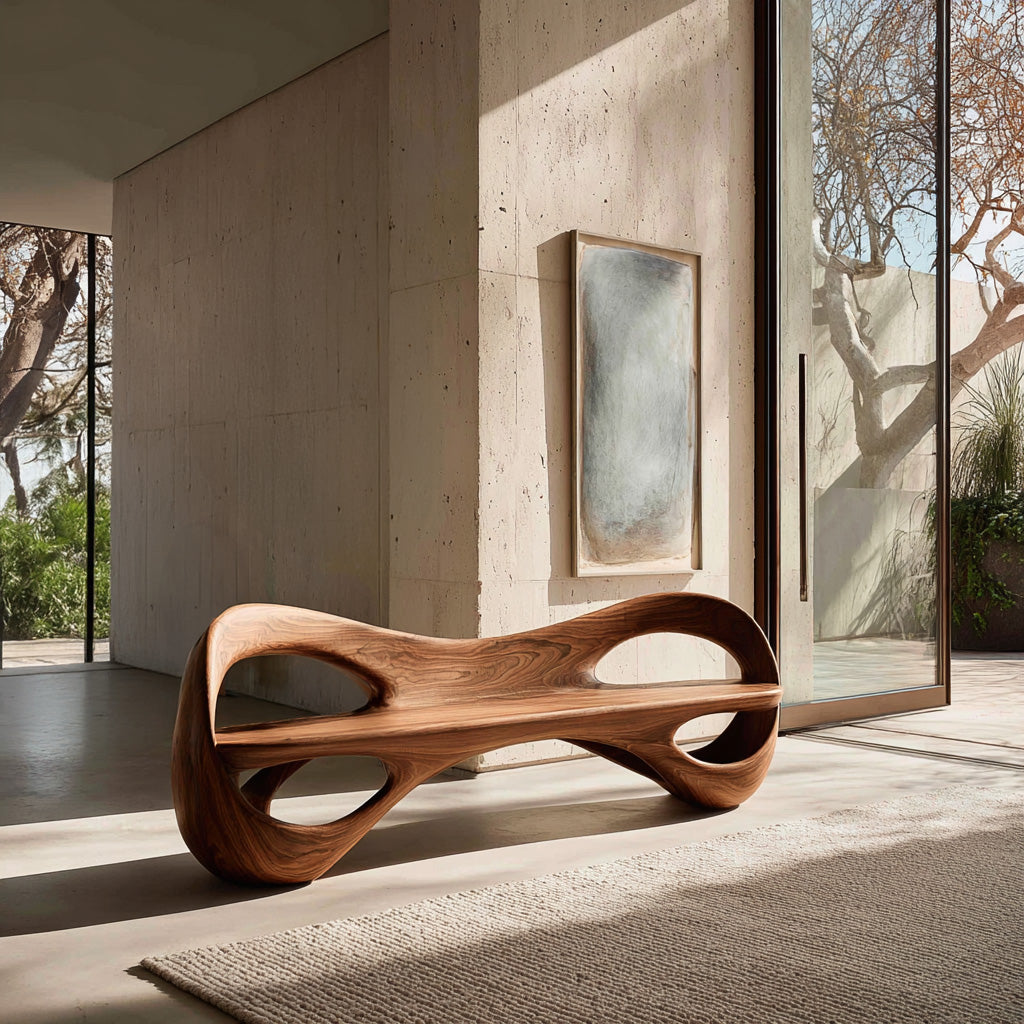 Modern Sculptural Natural Wood Curved Bench For Living Room