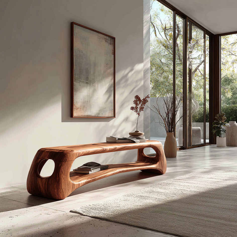 Minimal Natural Wood Gallery Bench For Living Room