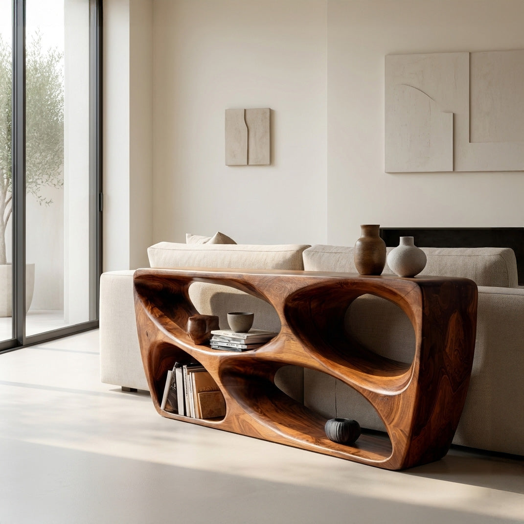 Organic Natural Wood Console Table For Behind Sofa Area
