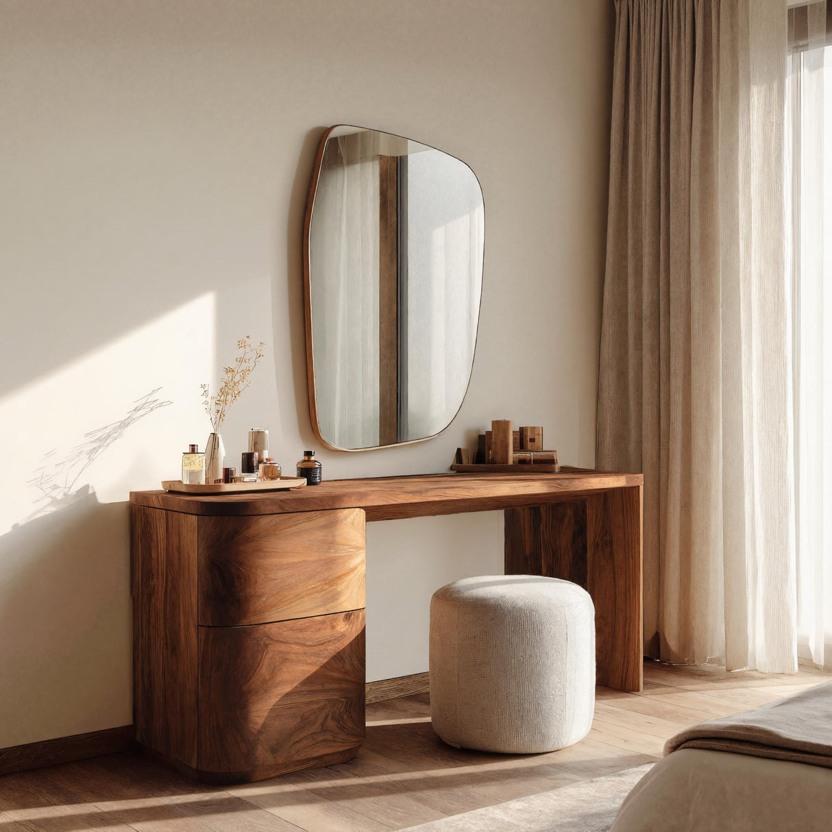 Modern Sculptural Vanity Table With Drawer Storage For Bedroom
