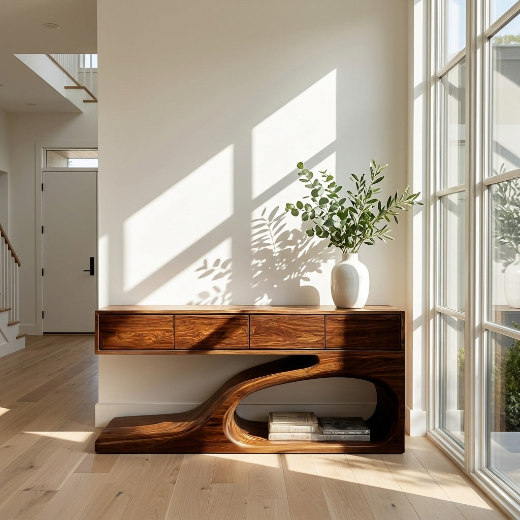 Contemporary Wooden Console Table With Unique Base For Living